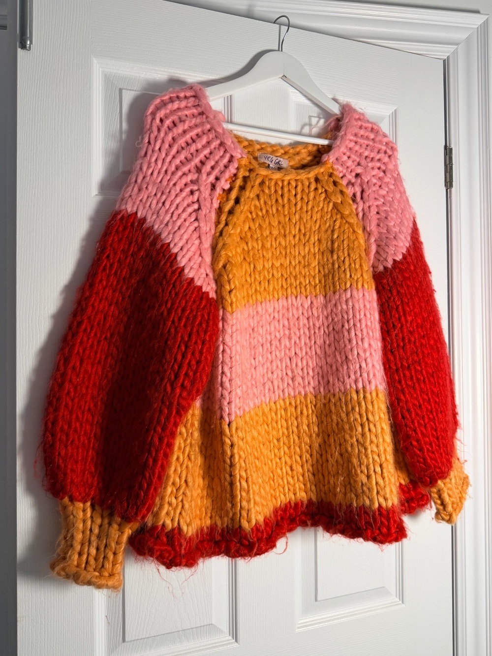 VRG GRL Chunky Oversized Colourblock Knit Sweater Pink Orange Red M/L